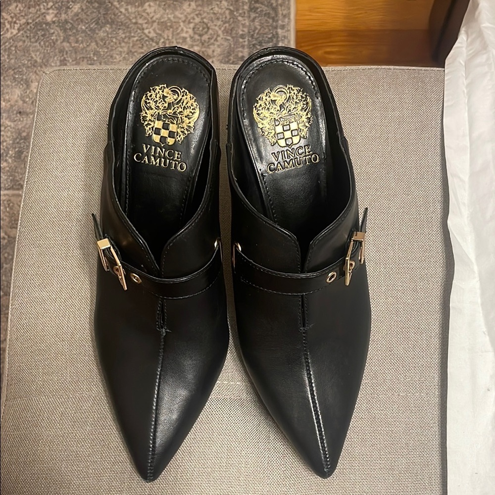 Vince Camuto Black Leather Mules with Gold Buckle